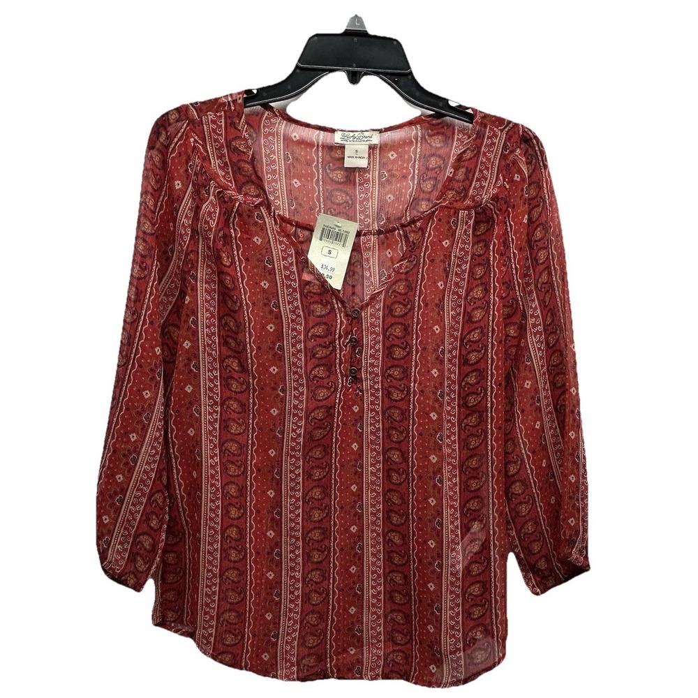 Lucky Brand Women's Small Red Paisley Polyester Peasant Top Blouse (A2)